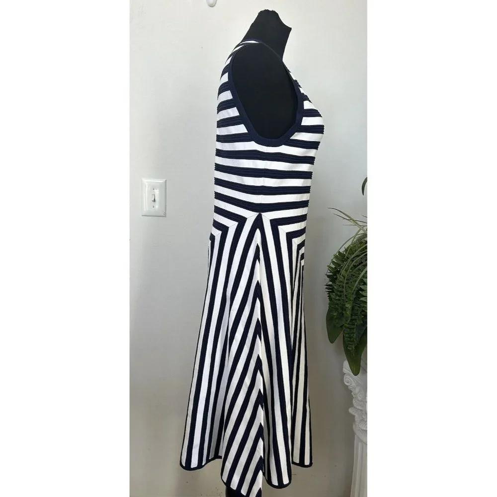 New Michael Michael Kors‎ True Navy White Mixed-Stripe Fit Flare Dress Sz L $225